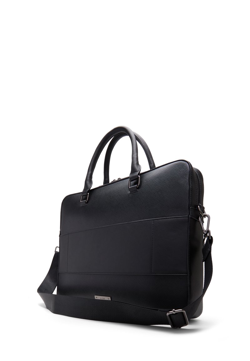 Bolsa para portátil de cuero negro con asas dobles, una correa de hombro desmontable, acabado texturizado y un diseño minimalista con acentos sutiles.