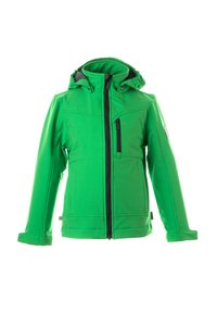 Giacca verde brillante realizzata in tessuto morbido e flessibile. Presenta un cappuccio, chiusura frontale con zip, tasca laterale con zip e cuciture piatte.