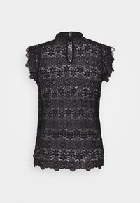 Svart spetsblus med korta volangärmar. Blommönster med delvis genomskinlig textur, nyckelhålsbackstängning. Nederkanten är utsmyckad.