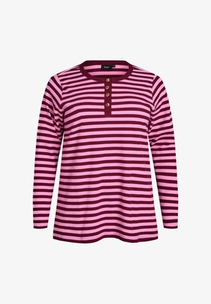 Dlouhý rukáv s kulatým výstřihem, s horizontálními pruhy v odstínech maroon a růžové, tři knoflíky na výstřihu, ribbovaný povrch.