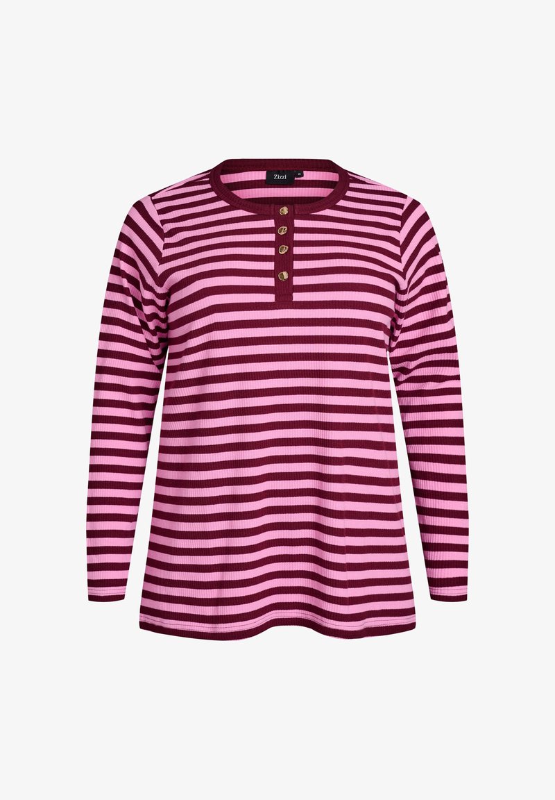 Pikendusega pluus ümmarguse kaelusega, millel vahelduvad tumesinised ja roosad horisontaalsed triibud, kaeluses kolm nööpi, ribakujuline tekstuur.