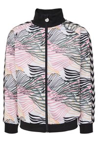Zip-Jacke mit schwarzem Kragen und einem lebhaften Wellenmuster in Pink, Grün und Schwarz. Enthält Seitenstreifen mit Chevron-Akzenten.