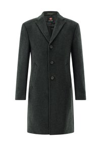 Dunkelgrauer Wollmantel mit Reverskragen, drei vorderen Knöpfen, zwei Seitentaschen und geradem Schnitt.