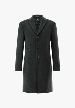 Dunkelgrauer Wollmantel mit Reverskragen, drei vorderen Knöpfen, zwei Seitentaschen und geradem Schnitt.