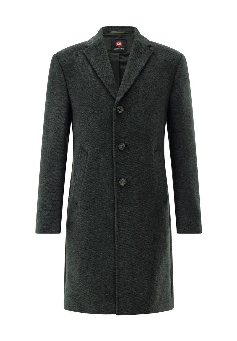 Dunkelgrauer Wollmantel mit Reverskragen, drei vorderen Knöpfen, zwei Seitentaschen und geradem Schnitt.