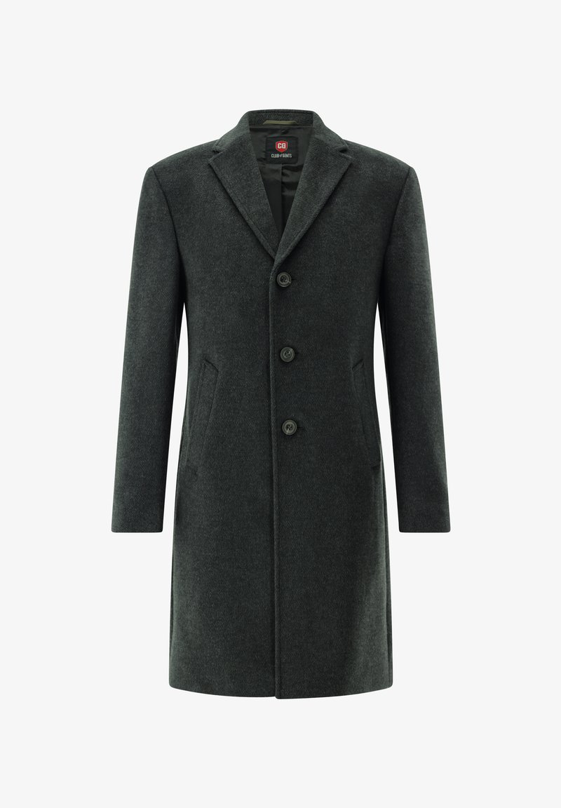 Dunkelgrauer Wollmantel mit Reverskragen, drei vorderen Knöpfen, zwei Seitentaschen und geradem Schnitt.