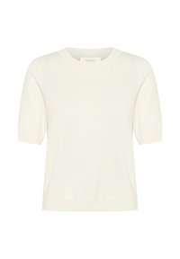 Pull en maille crème à manches courtes avec un col rond et un ourlet côtelé. Texture lisse avec des manches légèrement bouffantes. Design minimaliste.