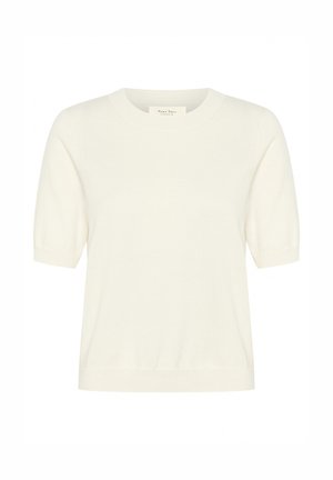 Maglione a maniche corte crema in maglia con scollatura rotonda e orlo a coste. Tessuto morbido con maniche leggermente a sbuffo. Design minimalista.