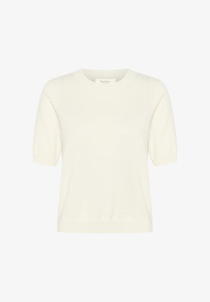 Pull en maille crème à manches courtes avec un col rond et un ourlet côtelé. Texture lisse avec des manches légèrement bouffantes. Design minimaliste.