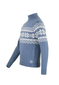 Pull à col roulé bleu clair avec des motifs nordiques blancs de flocons de neige et géométriques sur la poitrine et les manches, poignets et ourlet côtelés.
