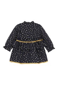 Robe bleu marine foncé avec des motifs de cœurs dorés, des couches à volants, un col volanté et une bordure dorée à la taille et à l'ourlet. Manches longues avec fermeture à boutons.