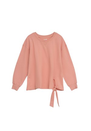 Jasnoróżowa bluza z długim rękawem w luźnym kroju, okrągłym dekoltem i związanym detalem z lewej strony u dołu. Miękka tkanina i ściągacze przy mankietach.