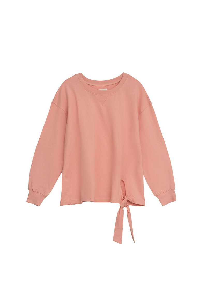Różowa bluza z długim rękawem wykonana z miękkiego materiału, z okrągłym dekoltem, opadającymi ramionami oraz bocznym wiązaniem do regulacji.