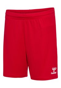 Rote Sportshorts mit elastischem Bund, aus glattem Stoff gefertigt. Mit weißem Logo auf dem linken Bein und einem schlichten Design ohne Taschen.