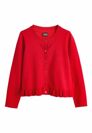 Rote Mädchen-Strickjacke mit langen Ärmeln, Rundhalsausschnitt, herzförmigen Knöpfen und gerafftem Saumdetail.