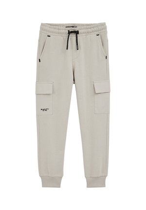 Svetlosive trenerke iz mešanice bombaža, z elastičnim pasom, nastavljivim vrvico in dvema stranskima žepoma s logotipom.