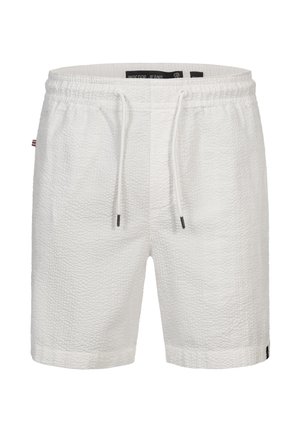 Pantalones cortos blancos de tela texturizada, con una cinturilla elástica y cordón, y un pequeño logotipo en el dobladillo.