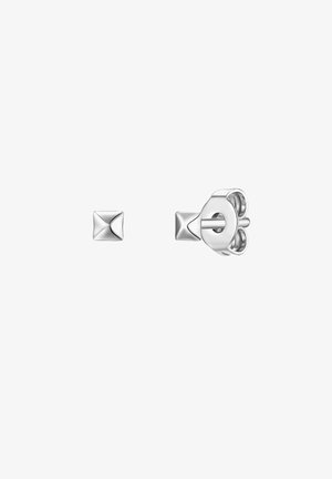 Silver stud earrings featuring a square pyramid design and a clover-shaped backing. Smooth texture with a polished finish.