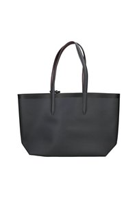 Bolso tote negro hecho de material texturizado, con dos asas largas y cierre de cremallera. Diseño rectangular elegante con acentos mínimos.