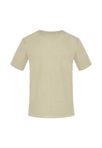 Beige T-Shirt mit kurzen Ärmeln aus Baumwolle, mit Rundhalsausschnitt und einem schlichten, nahtlosen Design ohne sichtbare Logos oder Muster.