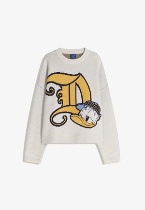 Grauer Pullover mit einem großen gelben stilisierten 'D' und einem Cartoon-Entenkopf mit einem blauen Hut. Stricktextur, gerippte Bündchen und Saum.