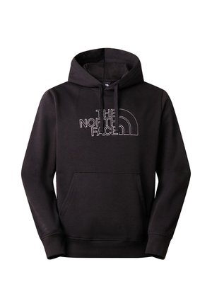 Schwarzer Hoodie aus Baumwollmischung mit Kängurutasche und Kapuze mit Kordelzug. Weiß gesticktes Logo und Bogen-Design auf der Vorderseite.