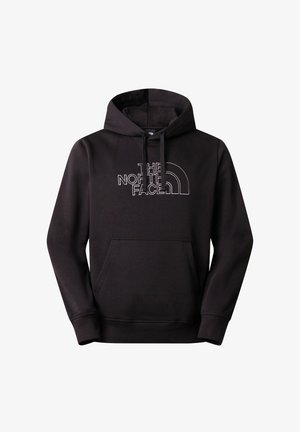 Schwarzer Hoodie aus Baumwollmischung mit Kängurutasche und Kapuze mit Kordelzug. Weiß gesticktes Logo und Bogen-Design auf der Vorderseite.