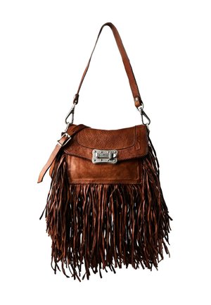 Braune Lederschultertasche mit Metallverschluss und langen Fransen, die unten und an den Seiten hängen.