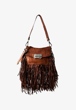 Borsa a tracolla in pelle marrone con una chiusura in metallo e lunghi dettagli con frange che pendono dalla parte inferiore e dai lati.