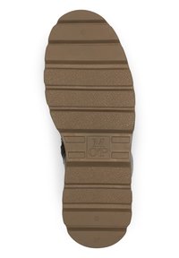 Semelle d'une chaussure marron avec des rainures horizontales profondes, des zones texturées antidérapantes et le logo "M OP" embossé près du centre.