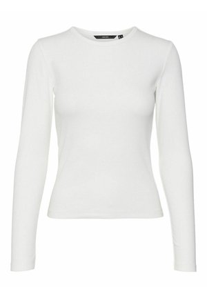 Chemise blanche à manches longues en tissu côtelé, dotée d'un col rond et d'une coupe ajustée. Aucun motif ni accent visible.