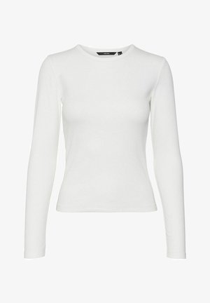 White long-sleeve shirt made of ribbed fabric, featuring a round neckline and fitted design. No patterns or accents visible.