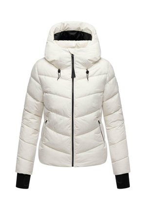 Veste d'hiver blanche rembourrée avec col haut, fermeture éclair noire, capuche avec cordon de serrage, poches latérales et poignet intérieur noir.