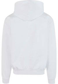Sweat à capuche blanc à manches longues, poignets et ceinture côtelés, présenté de dos sur un fond uni.