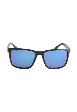 Black rectangular sunglasses with blue mirrored lenses, front view on a white background.