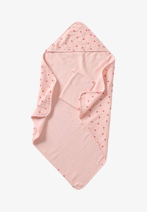 Soft pink baby hooded towel with small red heart patterns and matching washcloth on white background.