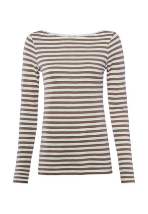 Damenoberteil mit langen Ärmeln, braun-weißen horizontalen Streifen und einem Bootsausschnitt.