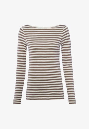 Damenoberteil mit langen Ärmeln, braun-weißen horizontalen Streifen und einem Bootsausschnitt.