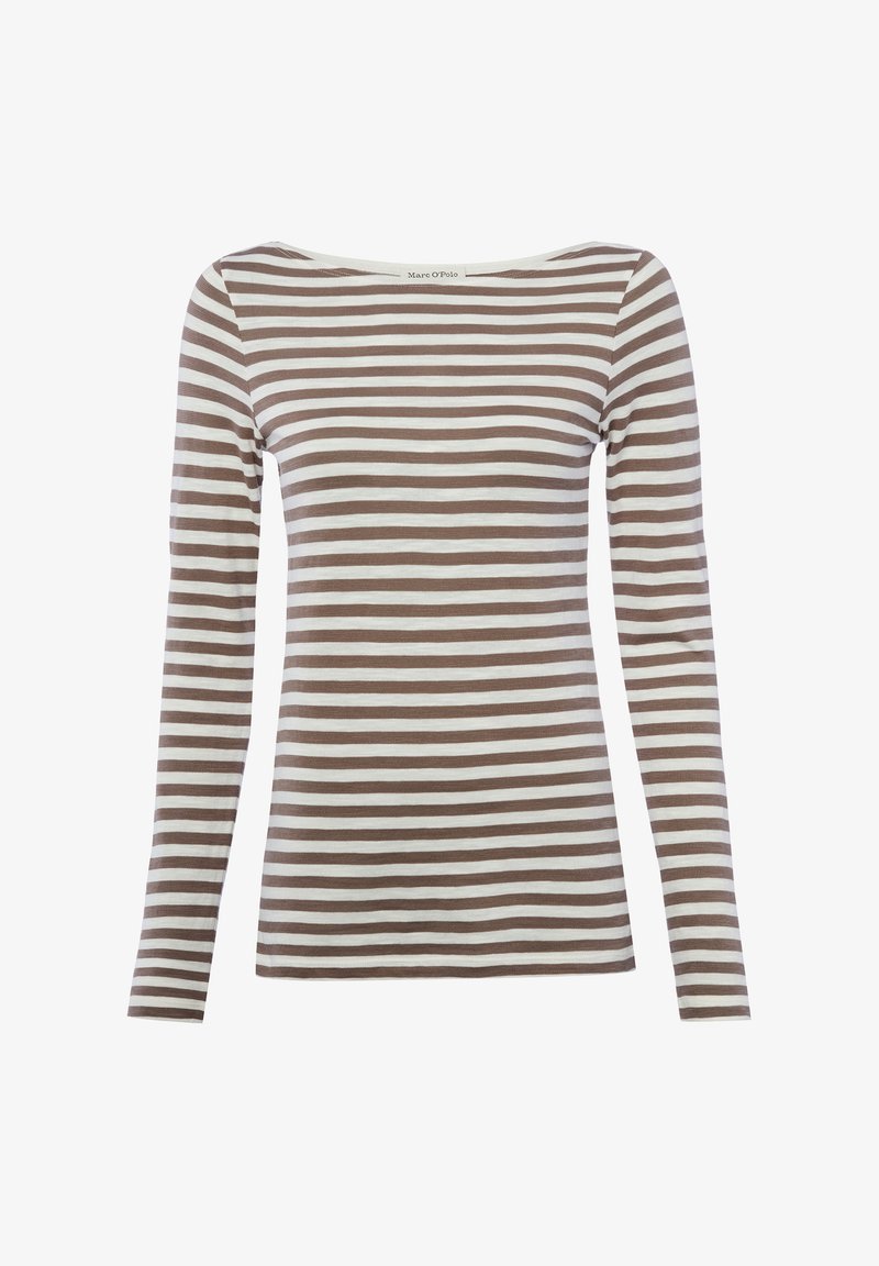 Haut féminin à manches longues avec rayures horizontales marron et blanches et un col bateau.