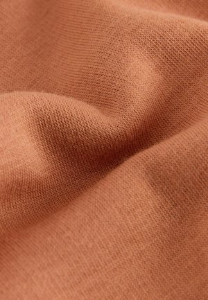 Rust-colored fabric with a smooth texture, featuring a fine knit pattern and subtle variations in shade. Soft and lightweight appearance.