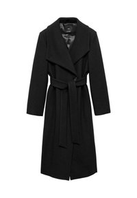 Manteau en laine noire avec un large col, des manches longues et une taille ceinturée. Il comporte une fermeture à boutons et une doublure intérieure lisse.