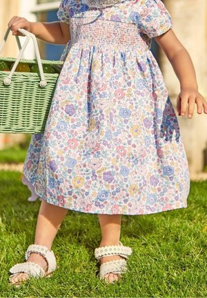 Enfant en robe à fleurs tenant un panier en osier vert avec des citrons, debout pieds nus sur l'herbe.