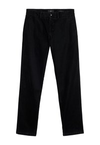 Czarne chinosy bawełniane o prostych nogawkach i szlufkach na pasek. Posiadają przednie kieszenie i gładką fakturę. Klasyczny design i uniwersalny kolor.