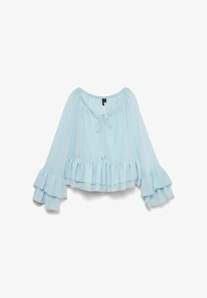 Hele sinine lühike blousee, millel on pikad kellukesed ja frillidega hem, ning joonlines kaelus, et sobivust reguleerida. Tekstuuriga kangas.