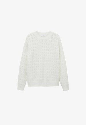 Pulover alb tricotat cu un model de cusătură texturată, mâneci lungi, decolteu rotund și mansete și tiv cu model elastic.