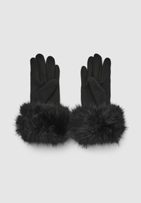 Des gants noirs en tissu doux avec un poignet en fausse fourrure noire duveteuse. Le design présente une forme ajustée qui épouse la main avec une texture lisse.