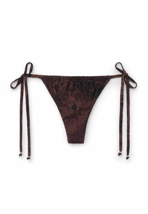 Ciemnobrązowe bikini na troczki z dyskretnym wzorem w cętki, regulowane boczne paski z małymi złotymi koralikami na końcach.