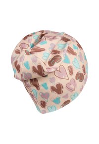 Soft, stretchy beanie made of lightweight fabric, featuring a tan background with pink, blue, and brown heart patterns throughout.