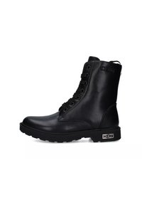 Stivali alla caviglia in pelle nera con punta tonda, chiusura con lacci e suola in gomma testurizzata. Presenta un accento con logo sul lato e un linguetta per il tallone.