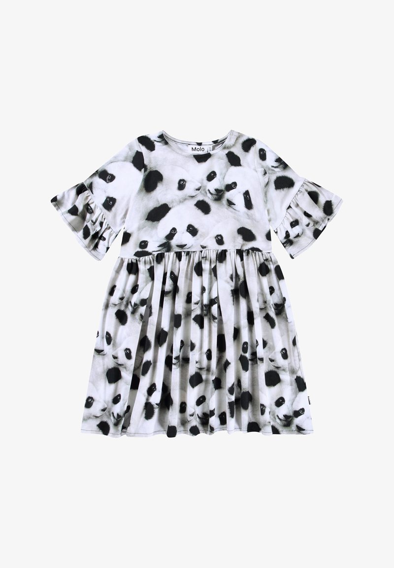 Vestido preto e branco com estampa de panda, mangas curtas com detalhe de babados e saia plissada. Tecido suave com gola redonda.